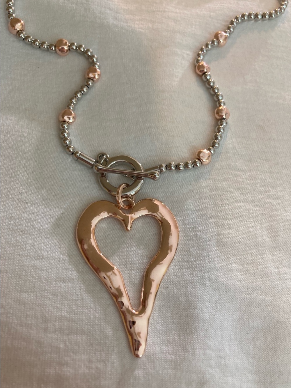 Two Tone Rosegold Silver Tone Heart Necklace Toggle Clasp